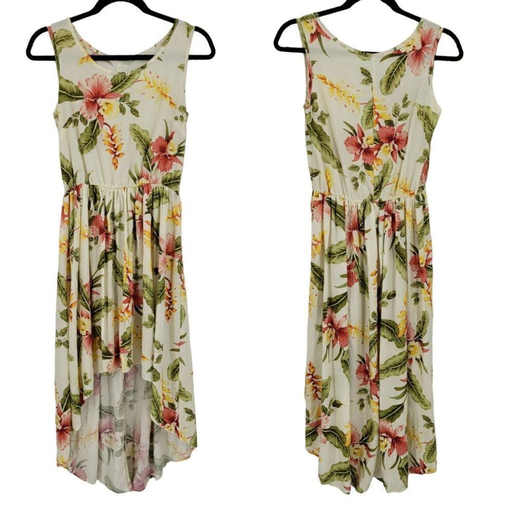 Vintage Two‎ Palms Hi-low Blouson Tank Midi Dress S Yellow Pink Tropical Floral